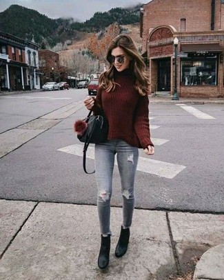 Burgundy Knit Wool Turtleneck Outfits For Women: 
