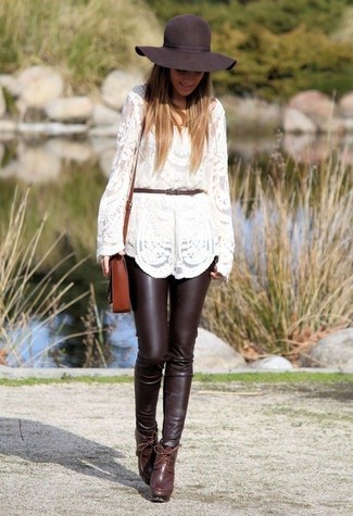 Dark Brown Leather Skinny Pants Spring Outfits: 