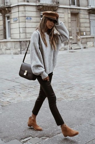 Women's Dark Brown Leather Crossbody Bag, Tan Suede Ankle Boots, Black Leather Skinny Pants, Grey Oversized Sweater