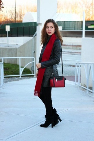 Women's Red and Black Leather Crossbody Bag, Black Suede Ankle Boots, Black Houndstooth Skinny Pants, Black Leather Trenchcoat