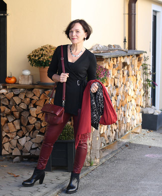Women's Burgundy Leather Crossbody Bag, Black Leather Ankle Boots, Burgundy Leather Skinny Pants, Black Tunic