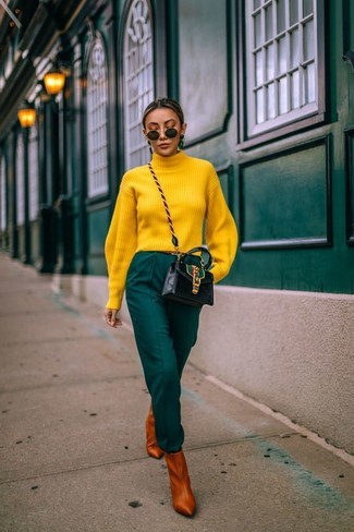 Women's Black Leather Crossbody Bag, Tobacco Leather Ankle Boots, Dark Green Tapered Pants, Yellow Turtleneck