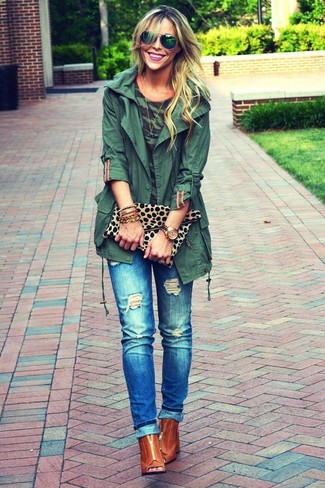 Women's Dark Green Anorak, Dark Green Camouflage Crew-neck T-shirt, Blue Ripped Jeans, Tobacco Cutout Leather Ankle Boots