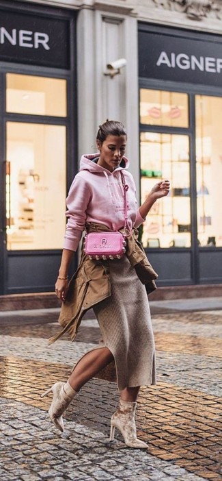 Hot Pink Leather Crossbody Bag Outfits: For an ensemble that's super simple but can be manipulated in a multitude of different ways, team a brown anorak with a hot pink leather crossbody bag. Want to go all out with shoes? Add tan velvet ankle boots to the equation.