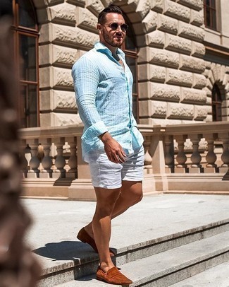 Men's Aquamarine Vertical Striped Long Sleeve Shirt, White Linen Shorts, Tobacco Suede Loafers, Dark Brown Sunglasses