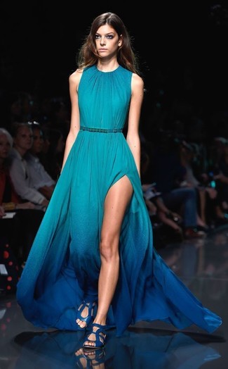Blue Shoes Outfits: Choose an aquamarine ombre evening dress for a classic silhouette. To give this look a more relaxed twist, complement your ensemble with a pair of blue leather heeled sandals.