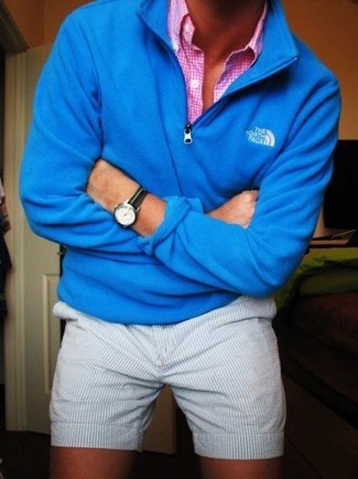 Men's Aquamarine Zip Neck Sweater, Pink Gingham Long Sleeve Shirt, Grey Seersucker Shorts, Charcoal Canvas Watch