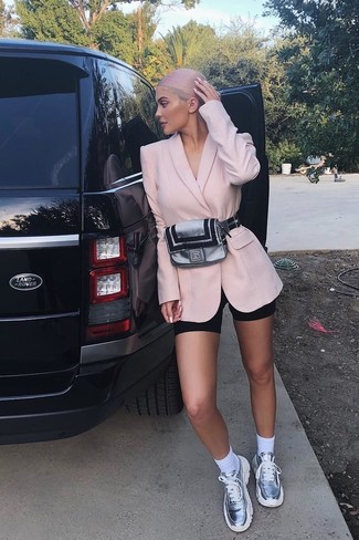 Kylie Jenner wearing Silver Fanny Pack, Silver Athletic Shoes, Black Bike Shorts, Pink Double Breasted Blazer