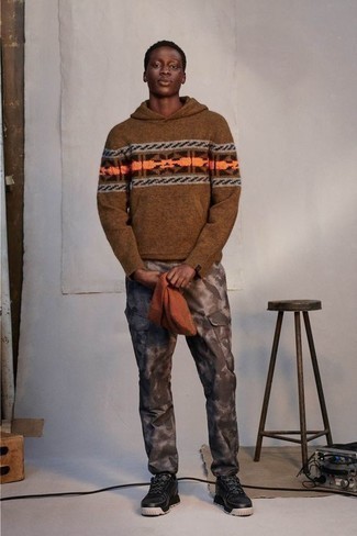 Dark Brown Print Hoodie Outfits For Men: 