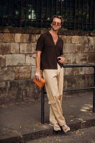 Men's Orange Leather Zip Pouch, Beige Athletic Shoes, Khaki Cargo Pants, Dark Brown Short Sleeve Shirt