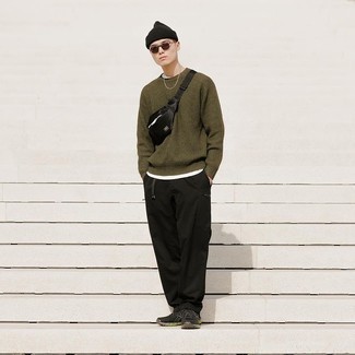 Men's Black Canvas Fanny Pack, Black Athletic Shoes, Black Chinos, Olive Crew-neck Sweater