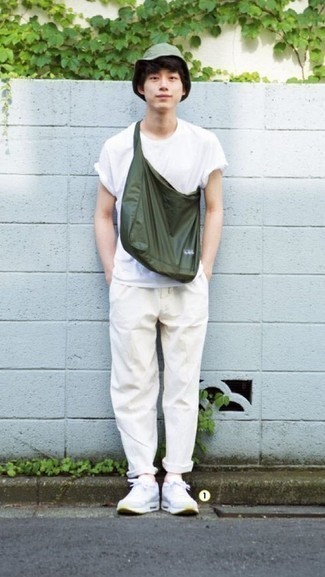 Men's Olive Canvas Tote Bag, White Athletic Shoes, White Chinos, White Crew-neck T-shirt