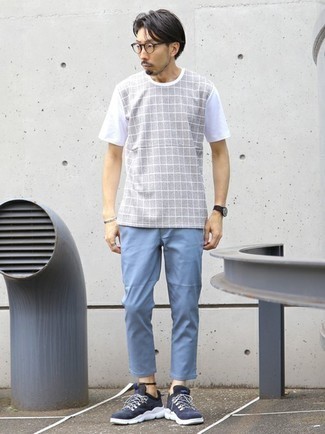 Men's Clear Sunglasses, Navy and White Athletic Shoes, Light Blue Chinos, Grey Check Crew-neck T-shirt