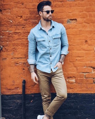 Light Blue Denim Shirt with Light Blue Sneakers Summer Outfits For Men: 