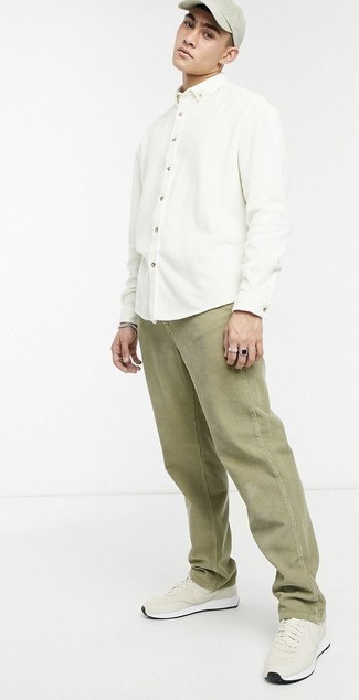 Men's Mint Baseball Cap, Beige Athletic Shoes, Khaki Corduroy Chinos, White Long Sleeve Shirt