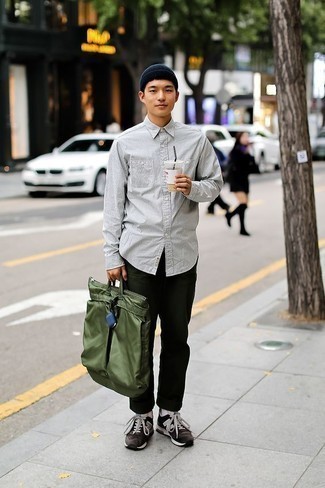 Men's Dark Green Canvas Tote Bag, Charcoal Athletic Shoes, Dark Green Chinos, Grey Vertical Striped Long Sleeve Shirt