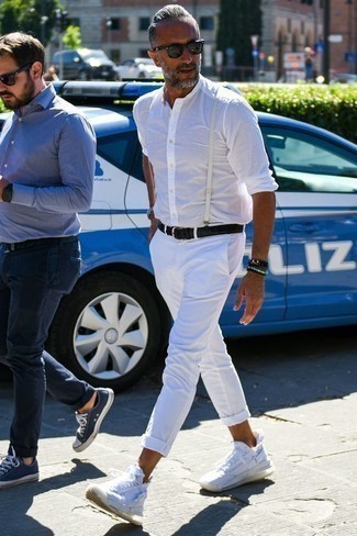 White Polka Dot Long Sleeve Shirt Outfits For Men: 
