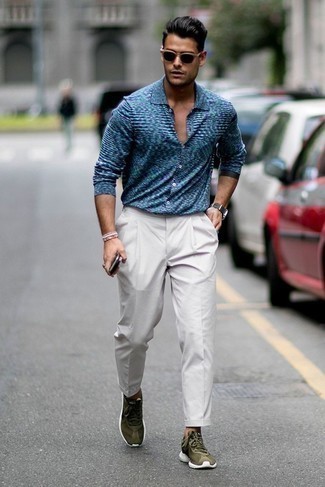 Blue Print Long Sleeve Shirt Outfits For Men: 