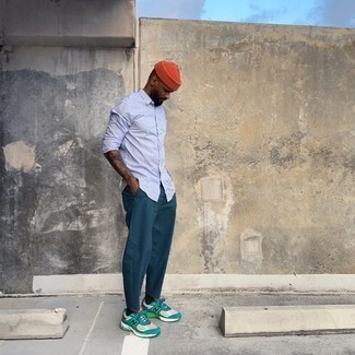 Men's Orange Beanie, Teal Athletic Shoes, Teal Chinos, Light Blue Long Sleeve Shirt