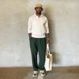 Men's White Canvas Tote Bag, Grey Athletic Shoes, Dark Green Chinos, White Polo Neck Sweater