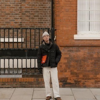 Men's Orange Canvas Messenger Bag, Brown Athletic Shoes, White Chinos, Black Puffer Jacket