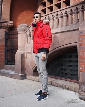 Men's Dark Green Sunglasses, Navy and White Athletic Shoes, Grey Chinos, Red Puffer Jacket