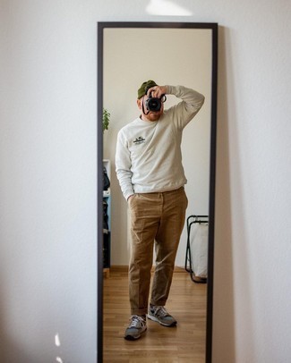 Men's Olive Beanie, Brown Athletic Shoes, Brown Corduroy Chinos, White Sweatshirt