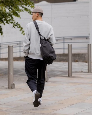 Men's Black Canvas Tote Bag, Grey Athletic Shoes, Black Chinos, Grey Sweatshirt