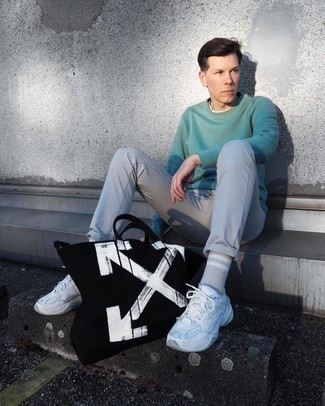 Men's Black and White Print Canvas Tote Bag, White Athletic Shoes, Grey Chinos, Mint Sweatshirt