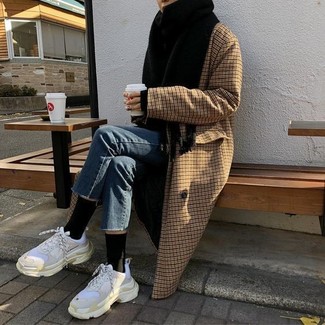 Women's Black Scarf, White Athletic Shoes, Blue Jeans, Brown Check Coat