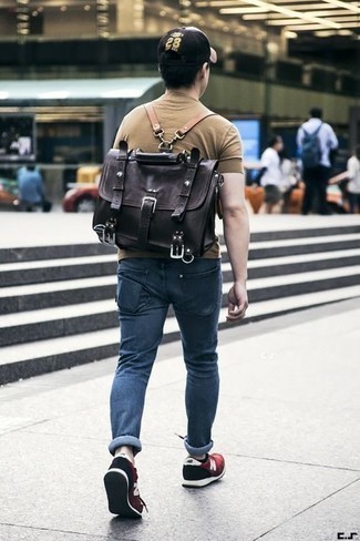 Dark Brown Leather Backpack Outfits For Men: 