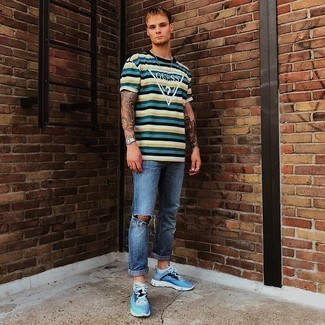 Men's Silver Watch, Aquamarine Athletic Shoes, Blue Ripped Jeans, Multi colored Horizontal Striped Crew-neck T-shirt