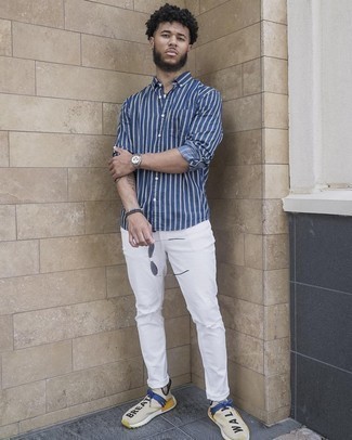 Navy and White Vertical Striped Long Sleeve Shirt Outfits For Men: 