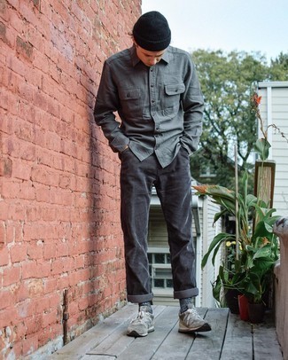 Charcoal Corduroy Jeans Outfits For Men: 