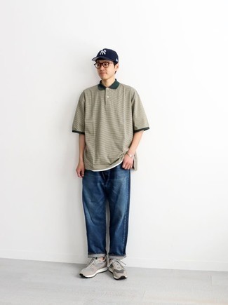Men's Navy and White Print Baseball Cap, Grey Athletic Shoes, Navy Jeans, Grey Horizontal Striped Polo