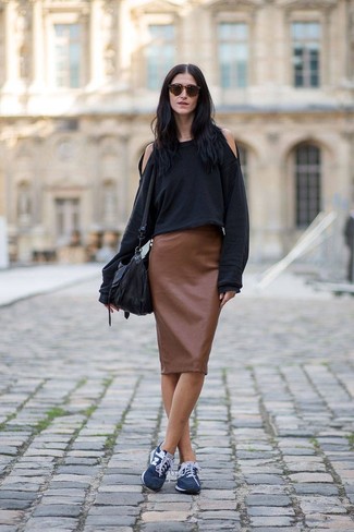 Women's Black Leather Crossbody Bag, Navy Athletic Shoes, Brown Leather Pencil Skirt, Black Sweatshirt