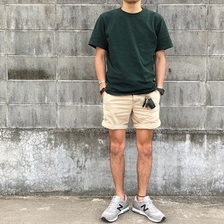 Dark Green Crew-neck T-shirt Relaxed Outfits For Men: 