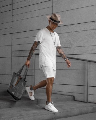 Men's Grey Canvas Tote Bag, White and Red Athletic Shoes, White Shorts, White Crew-neck T-shirt