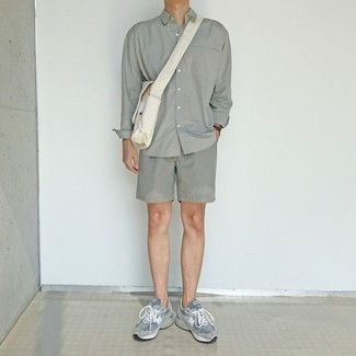Men's White Canvas Messenger Bag, Grey Athletic Shoes, Grey Shorts, Grey Long Sleeve Shirt