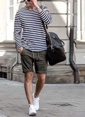 Men's Black Leather Holdall, White Athletic Shoes, Charcoal Shorts, White and Navy Horizontal Striped Long Sleeve T-Shirt