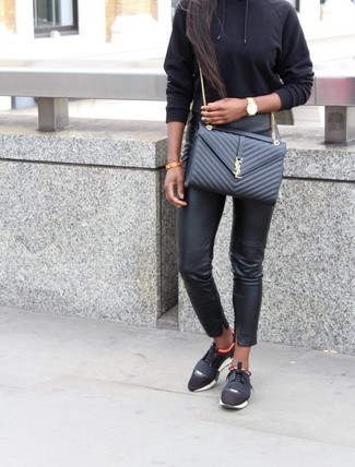 Women's Black Quilted Leather Crossbody Bag, Black Athletic Shoes, Black Leather Skinny Pants, Black Hoodie