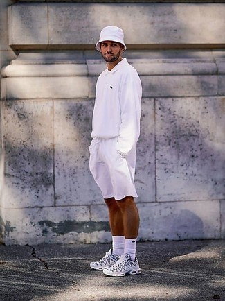 Men's White Bucket Hat, White and Navy Athletic Shoes, White Sports Shorts, White Polo Neck Sweater