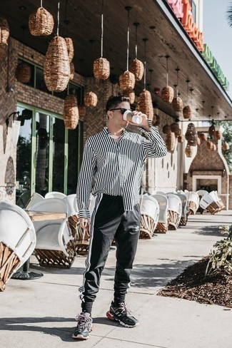 White and Black Vertical Striped Long Sleeve Shirt Relaxed Outfits For Men: 