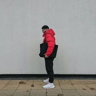 Men's Black Canvas Tote Bag, White Athletic Shoes, Black Sweatpants, Red Puffer Jacket