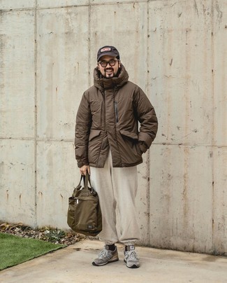 Men's Olive Canvas Tote Bag, Grey Athletic Shoes, Grey Sweatpants, Brown Puffer Jacket