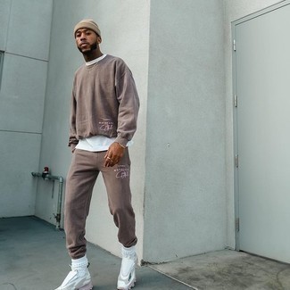 Men's Beige Beanie, White Athletic Shoes, Brown Track Suit, White Crew-neck T-shirt