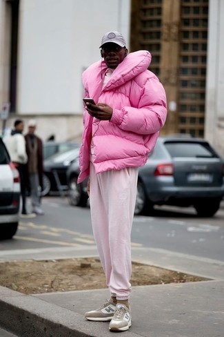Men's Grey Baseball Cap, Beige Athletic Shoes, Pink Track Suit, Pink Puffer Jacket