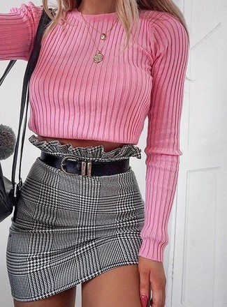 Women's Black Leather Belt, Black Leather Backpack, White and Black Houndstooth Mini Skirt, Hot Pink Crew-neck Sweater