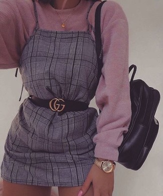 Women's Black Leather Belt, Black Leather Backpack, Grey Plaid Overall Dress, Pink Knit Oversized Sweater