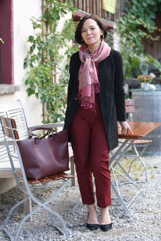 Women's Burgundy Leather Tote Bag, Black Suede Ballerina Shoes, Burgundy Dress Pants, Black Suede Coat